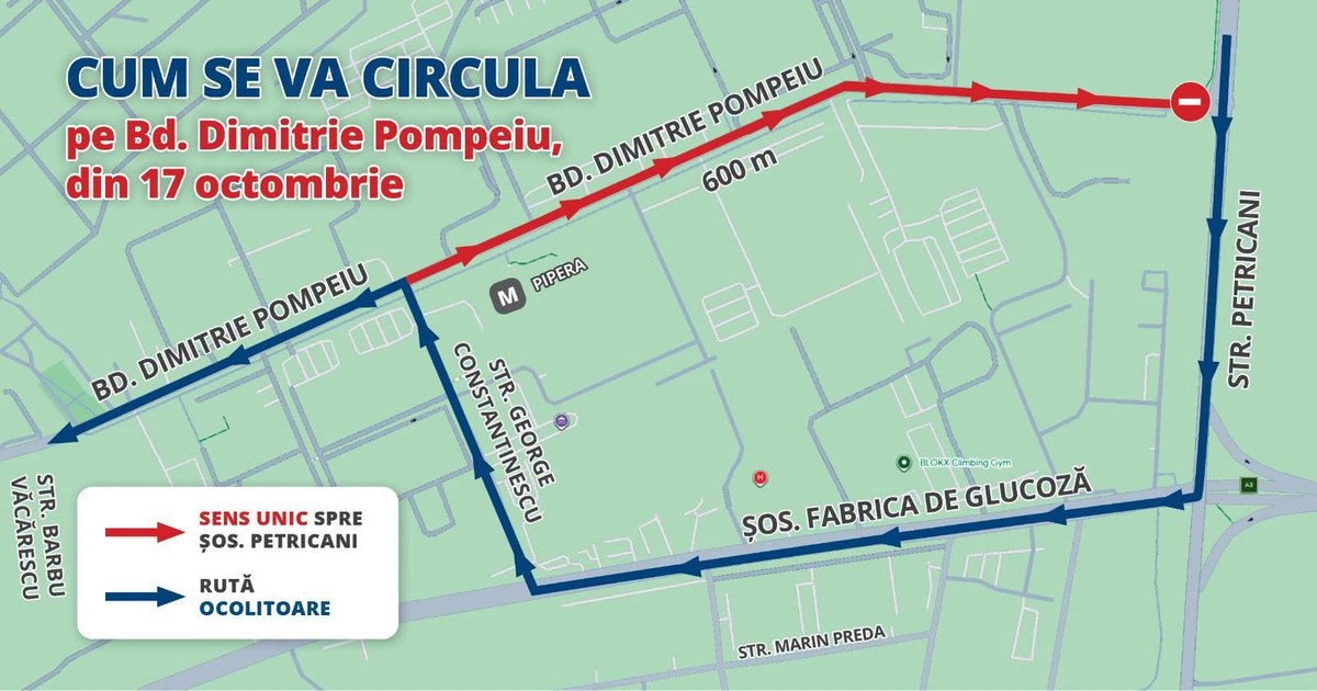 Restricții de circulație pe Bulevardul Dimitrie Pompeiu în București: se impune sens unic