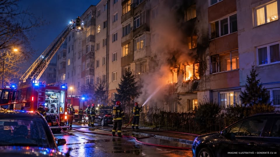 Incendiu violent într-un bloc din Mediaș: zeci de persoane au fost evacuate
