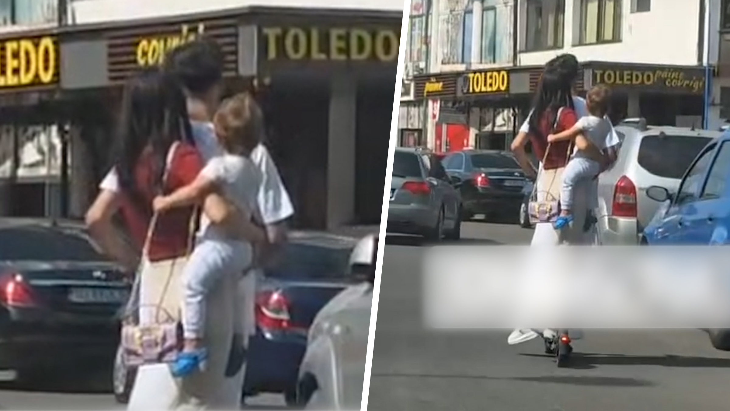Scenă de groază în trafic: o femeie circulă cu o trotinetă electrică și un bebeluș în brațe
